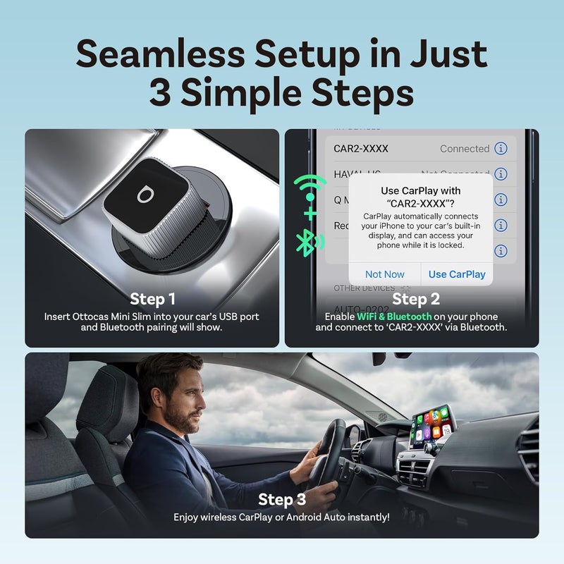 Ottocast 2026 Upgrade Mini Cube 3.0, 2-in-1 Wireless CarPlay & Android Auto Adapter, Plug & Play Dongle, Fast Auto-Reconnect, Dual-Band 5Ghz, for Cars with Wired CarPlay & Android Auto (Silver) - Image 3